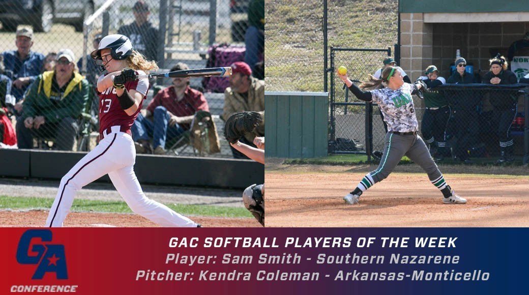The Great American Conference announced the league’s Players of the Week for the ninth week of the 2016 softball season. Southern Nazarene’s Sam Smith and Arkansas-Monticello’s Kendra Coleman received the Player and Pitcher of the Week awards, respectively.