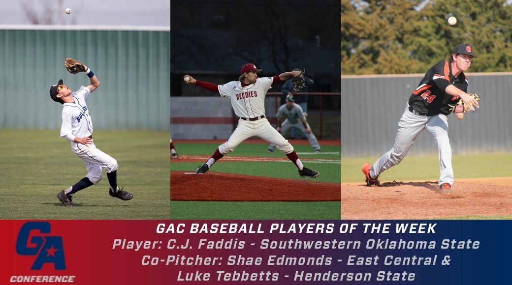 The Great American Conference announced the league’s Players of the Week for the 10th week of the 2016 baseball season. Southwestern Oklahoma State’s C.J. Faddis claimed the Player award while East Central’s Shae Edmonds and Henderson State’s Luke Tebbetts shared the Pitcher accolade, the conference office announced on Tuesday.